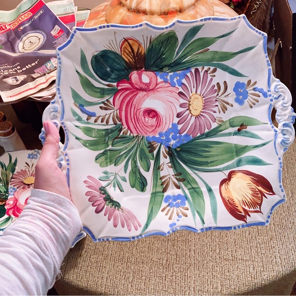 Italian Majolica Cake Set Platter/6 Plates Renaissance Revival Faïence Nove Rose - Picture 6 of 6